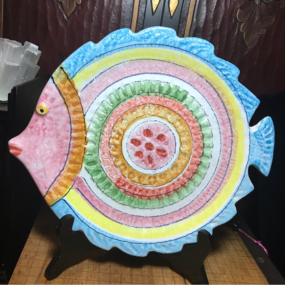 Italy Serving Plate Hand Painted Colorful Sunfish 11”x9.75” EVC Majolica
